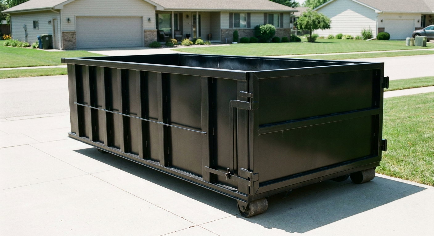 Matte-black 10-yard roll-off dumpster on a residential concrete driveway in Peoria, uniformly painted matte black across every panel and rail, ribbed steel sidewalls and rear swing door visible, mid-day daylight.