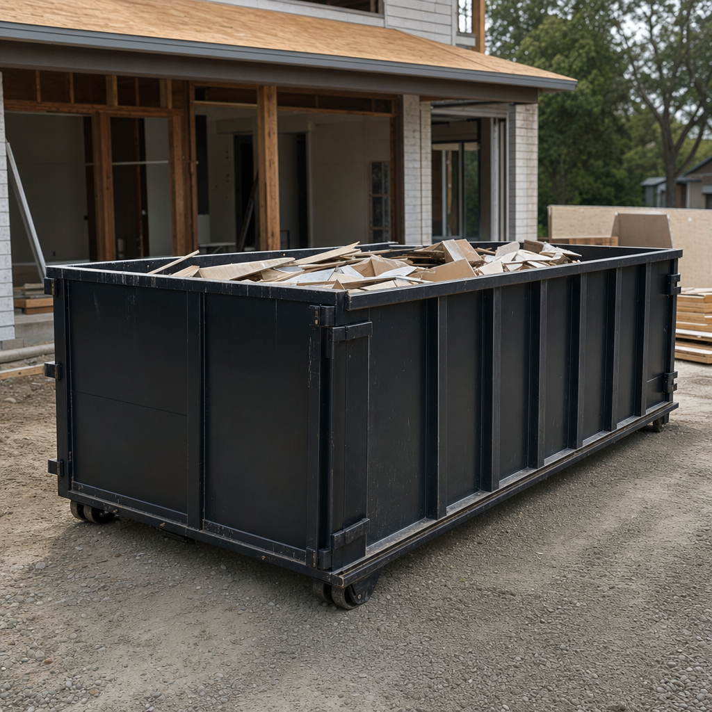 Large matte-black 30-yard construction roll-off dumpster at an active Peoria jobsite, steel-gray top rails and bottom rollers visible, loaded with construction debris.