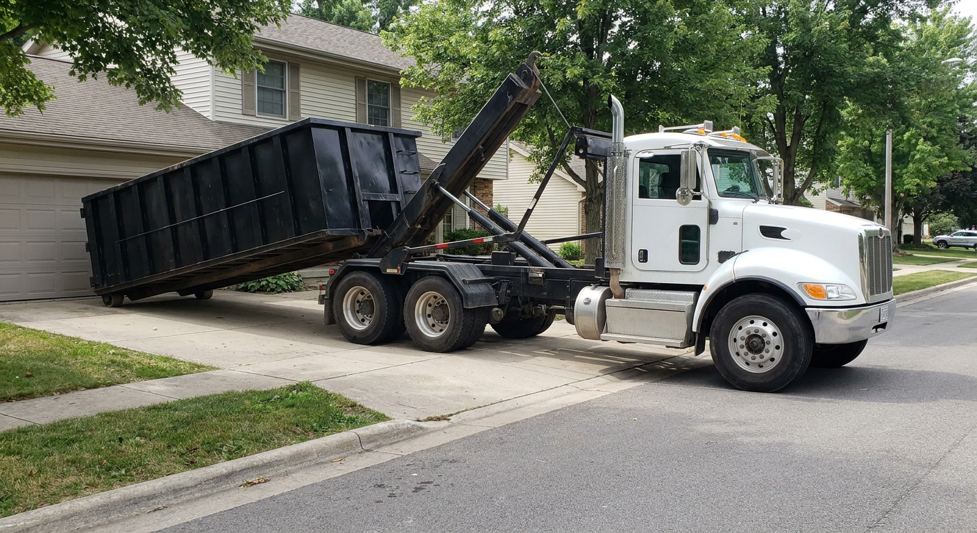 White-cab hooklift roll-off truck actively lowering a matte-black dumpster onto a Peoria residential concrete driveway, the dumpster's rear wheels touching the driveway as the hoist arm tilts the bed forward, mid-morning daylight.